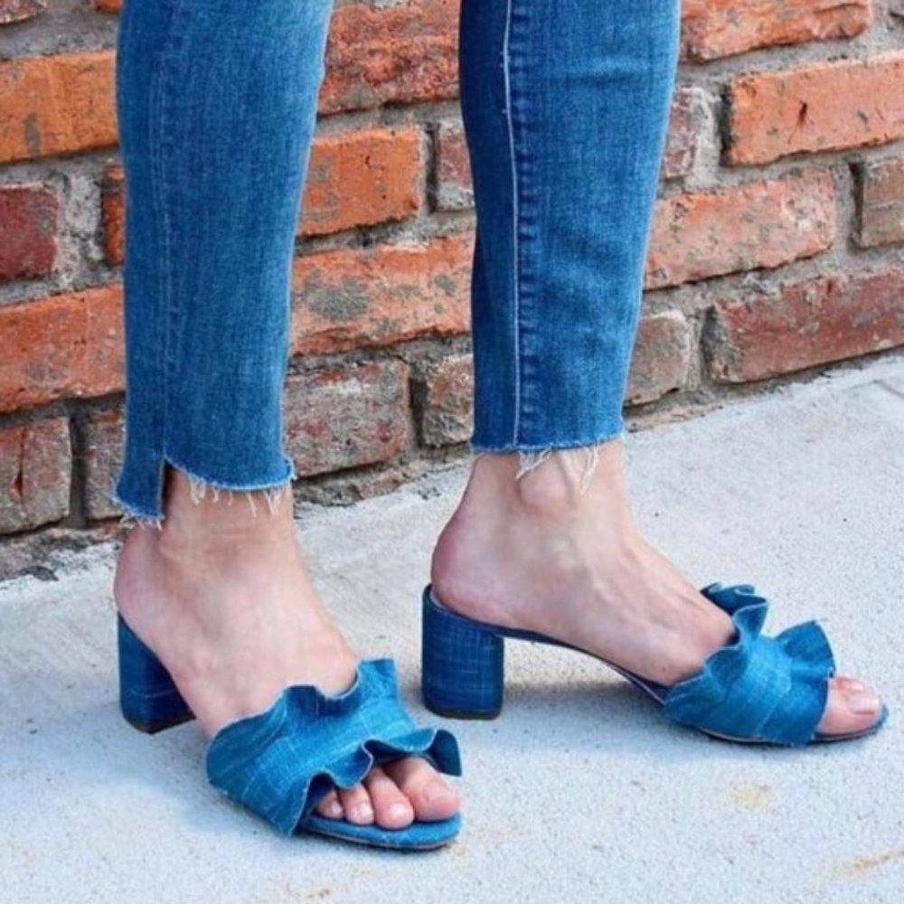 Loeffler Randall Vera Ruffle Denim Slide Sandal